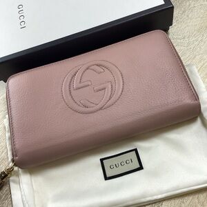 Authentic GUCCI🩷Soho Rose Beige Pebble Calfskin Leather Wallet w/dust bag&box